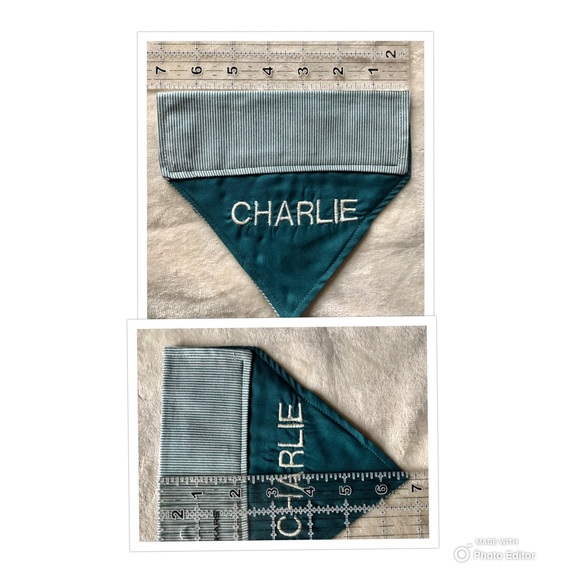 HANDMADE DOG BANDANA PERSONALIZED EMBROIDERED CHARLIE REVERSIBLE SLIP ON COLLAR - Picture 6 of 10